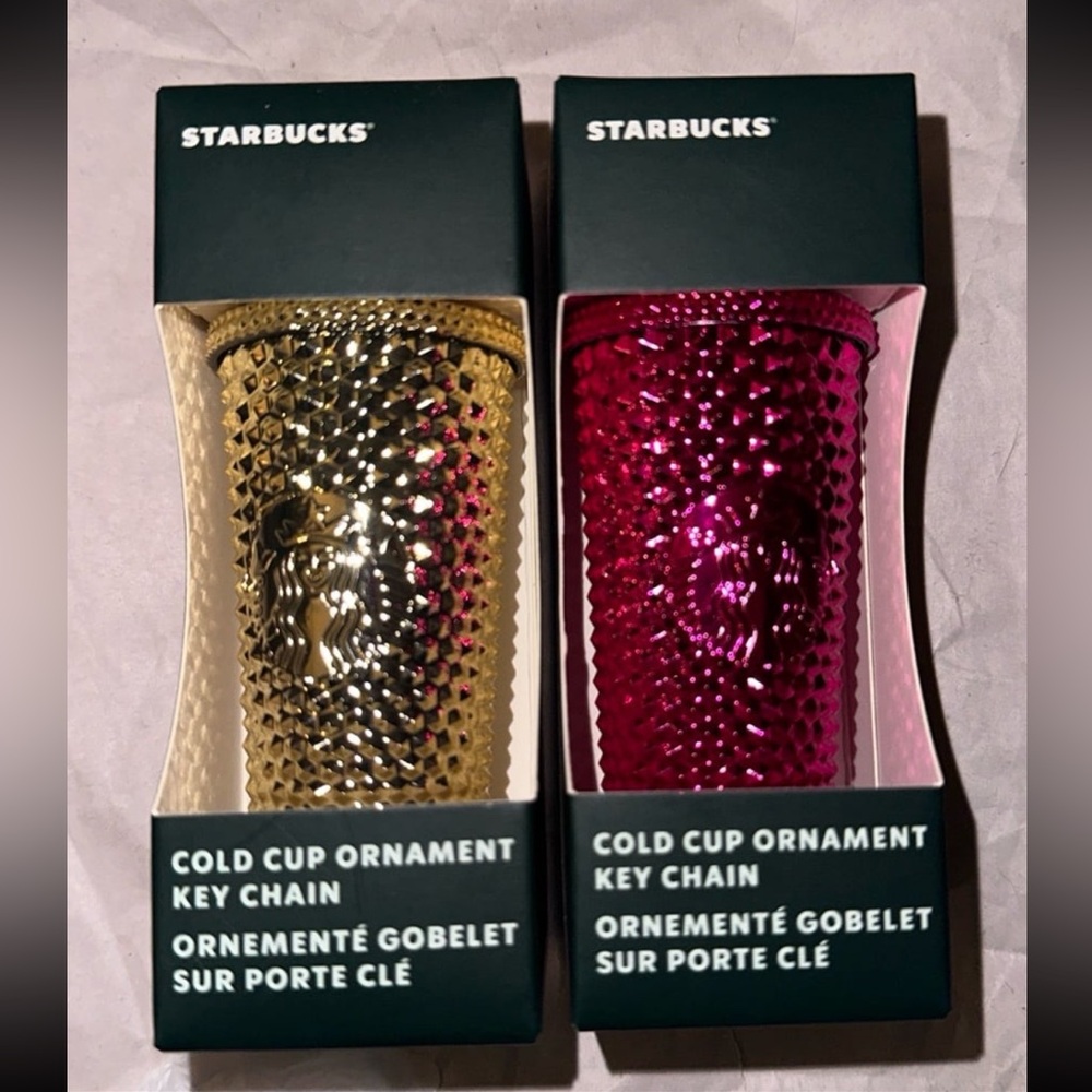 Starbucks 2022 Studded Tumblers Keychain Ornament Set - Gold & Pink - Picture 2 of 2